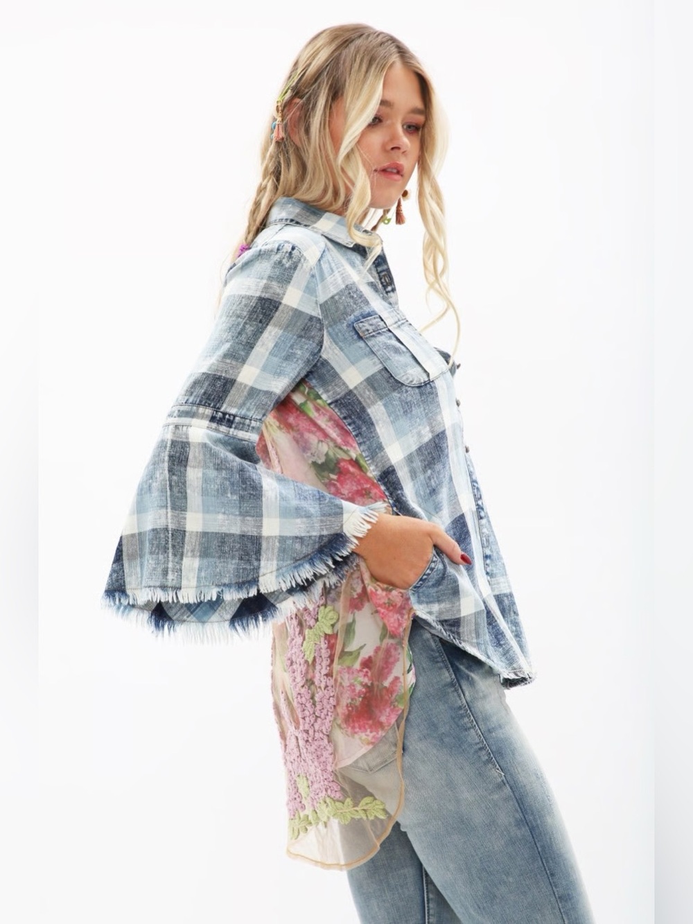 Aratta Lilac Obsession Button Down Shirt Denim Floral Embroidered MSRP $179